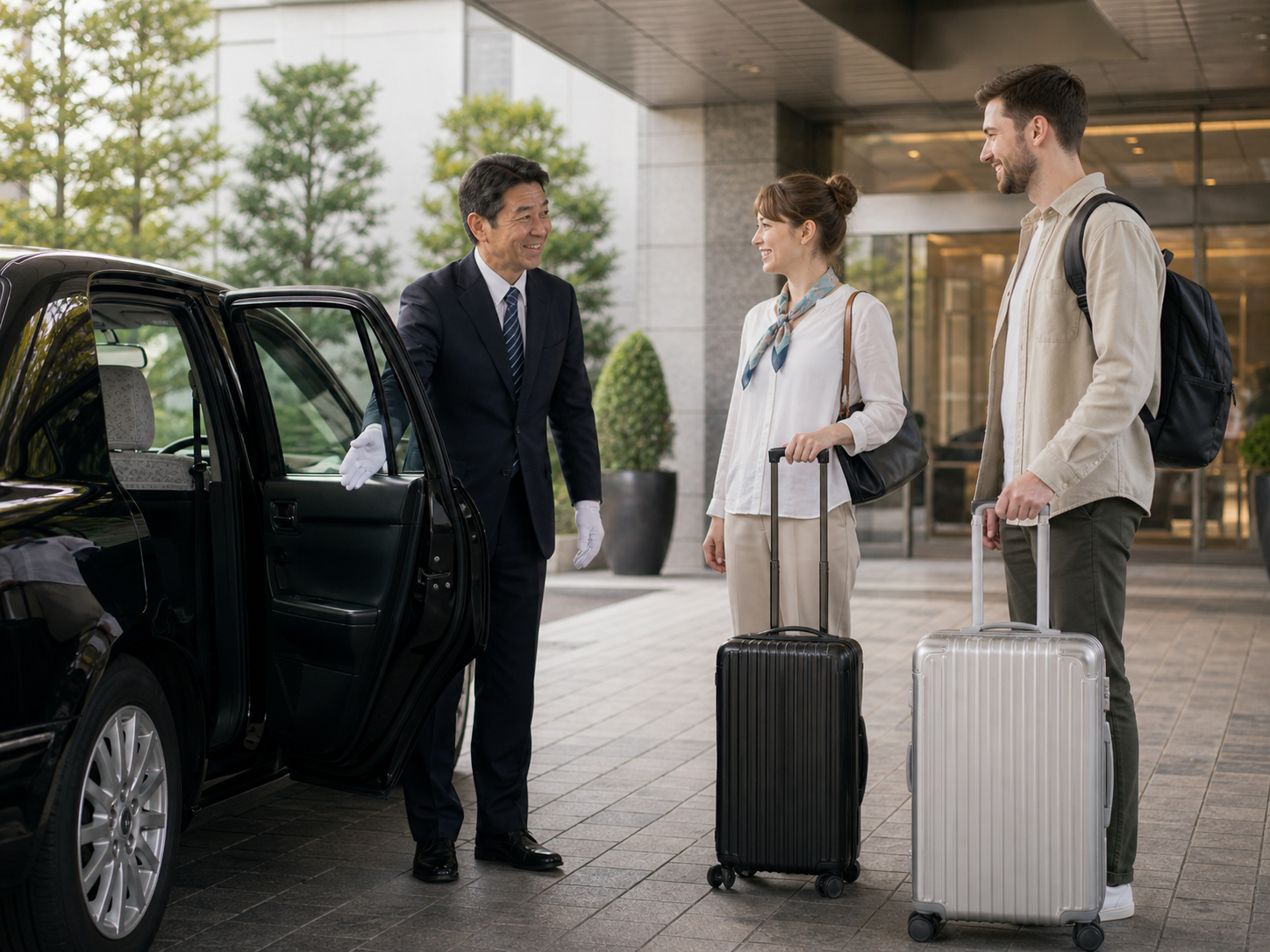 Luxury private taxi welcoming overseas guests at a hotel entrance in Japan